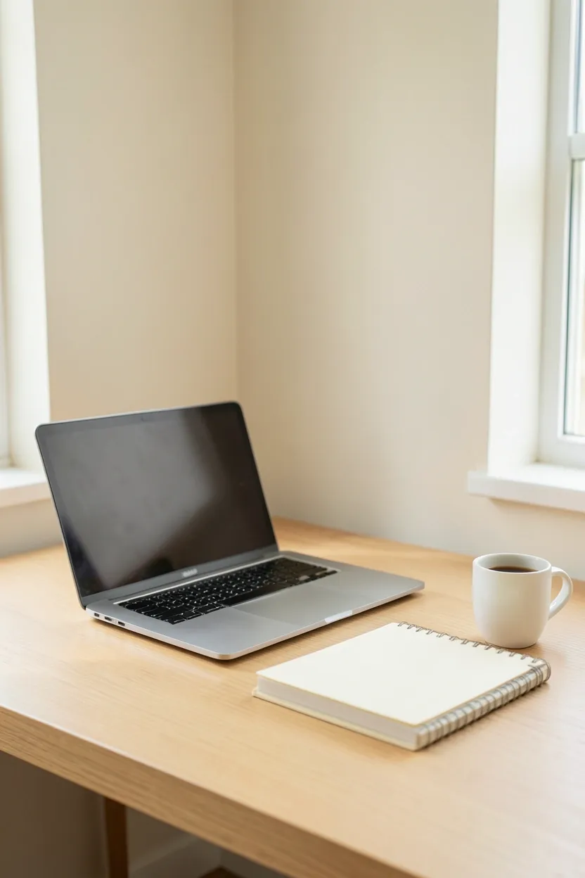 Open gratitude journal with pen beside a small plant on a minimalist wooden desk — daily mindfulness practice for renters