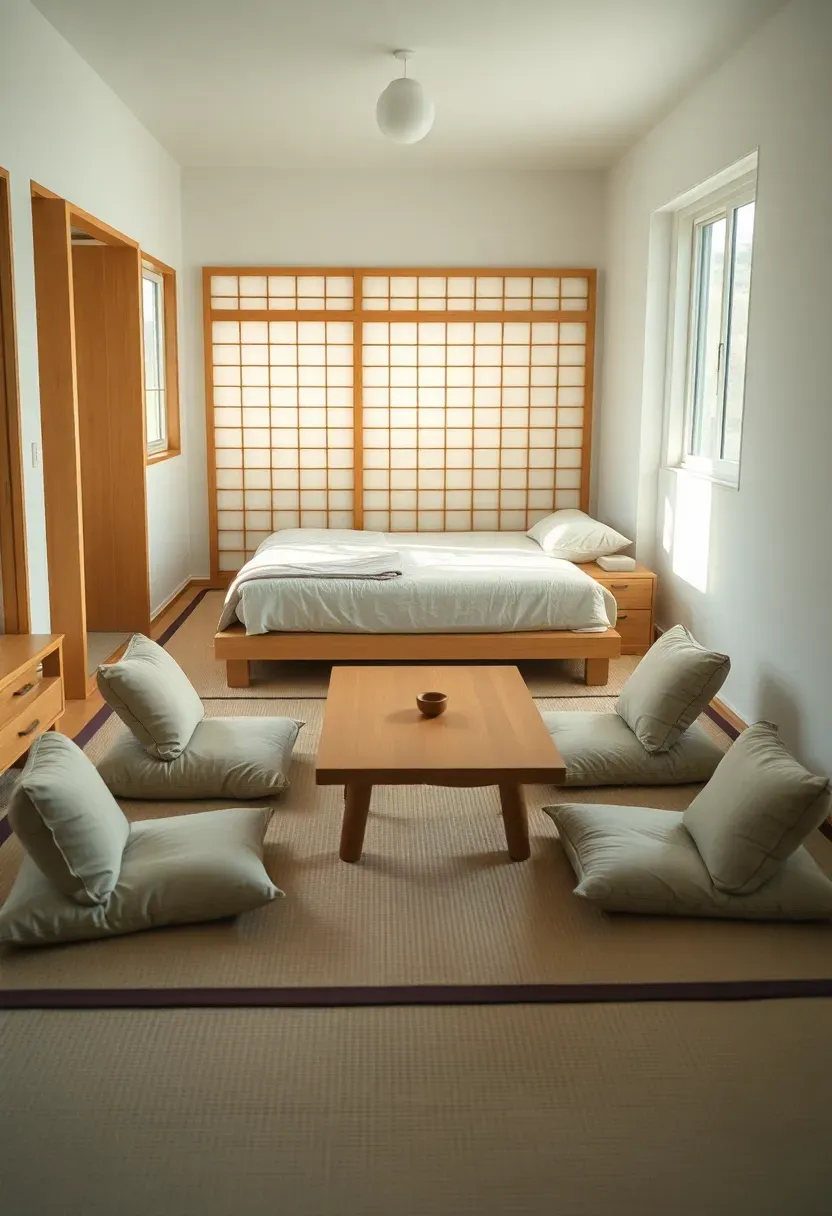 Hyper-realistic 3/4 view of Japanese tiny house living area with low furniture. Low chabudai tea table (10 inches high) with four zaisu floor chairs, floor cushions in neutral tones. Platform bed in background (12 inches high) with simple linens. Shoji screen to side. Materials: light wood furniture, cream fabrics, tatami flooring, white walls. Bright natural light from window, emphasizing low furniture's open feel. Shallow depth of field showing fabric textures and wood details. Airy Japanese minimalist living mood.</p>