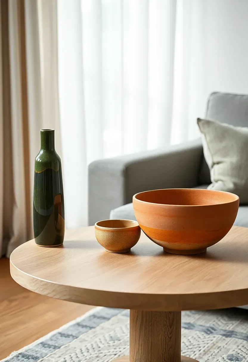 Asymmetrically arranged objects on a round side table with a tall vase on one side and low bowl on the other