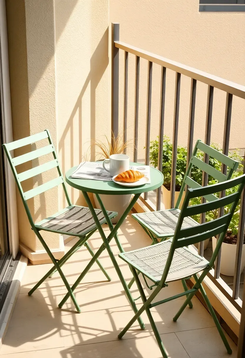 Small folding metal bistro set with two chairs and a round table on a sunlit apartment patio