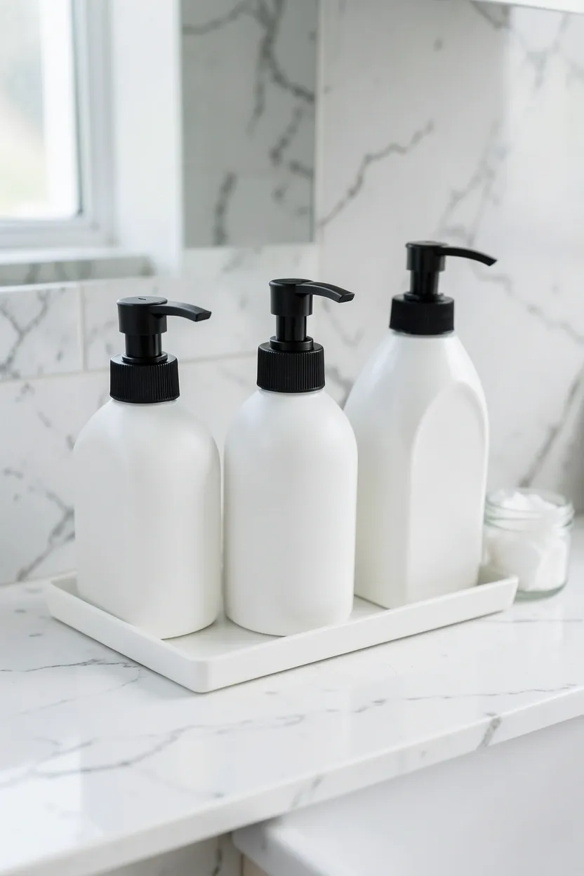 Light wood floating shelf above toilet holding small potted plant, rolled white towels, and a candle in a budget bathroom