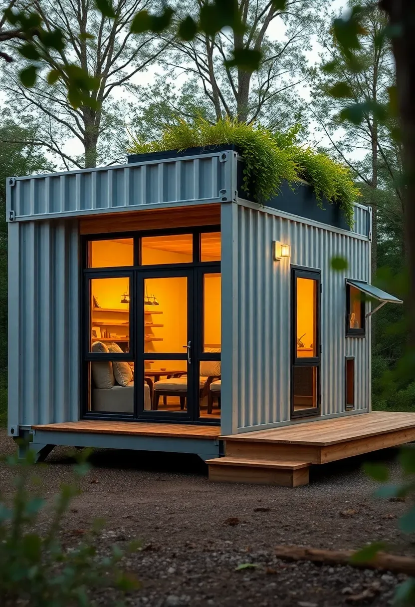 Hyper-realistic 3/4 view of a modern tiny house constructed from a repurposed shipping container with added windows, deck, and green roof. Materials: corrugated metal container, large glass windows, wood deck, green roof vegetation. Industrial chic aesthetic, sustainable adaptive reuse. Warm evening lighting, eco-conscious architecture. Shallow depth of field, surrounding trees visible. No text, no logos.</p>