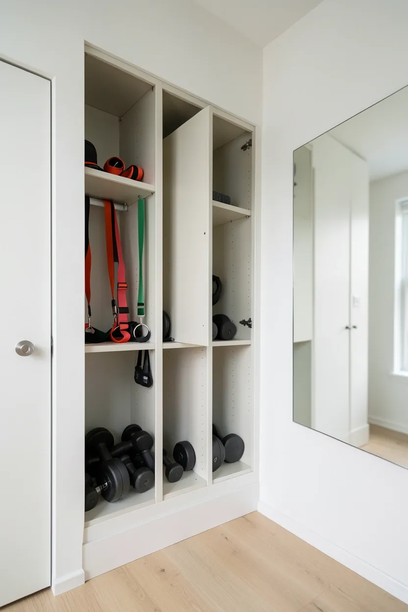 Hidden recessed wall compartment system concealing gym equipment behind flush-mounted cabinet doors in a clean, clutter-free workout room