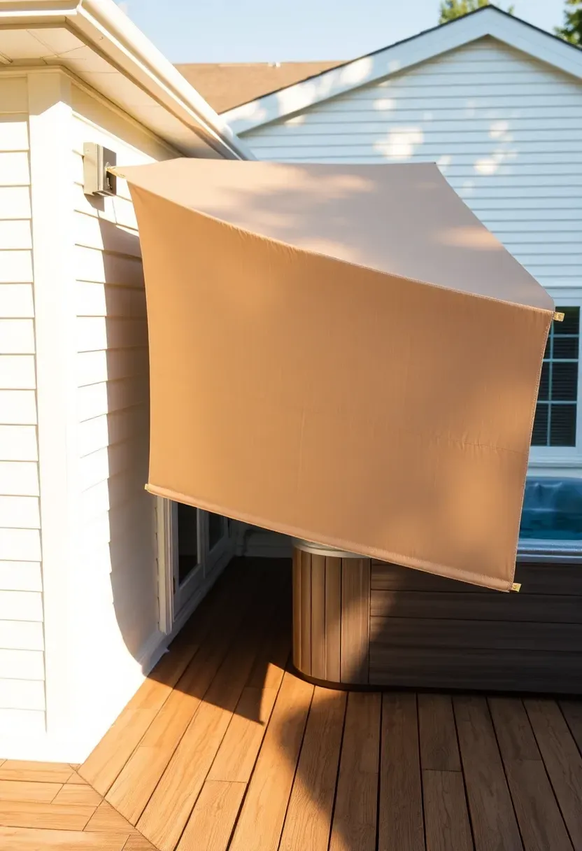 A retractable side awning in taupe fabric extending from a house wall to create a privacy barrier next to a hot tub on a wooden deck