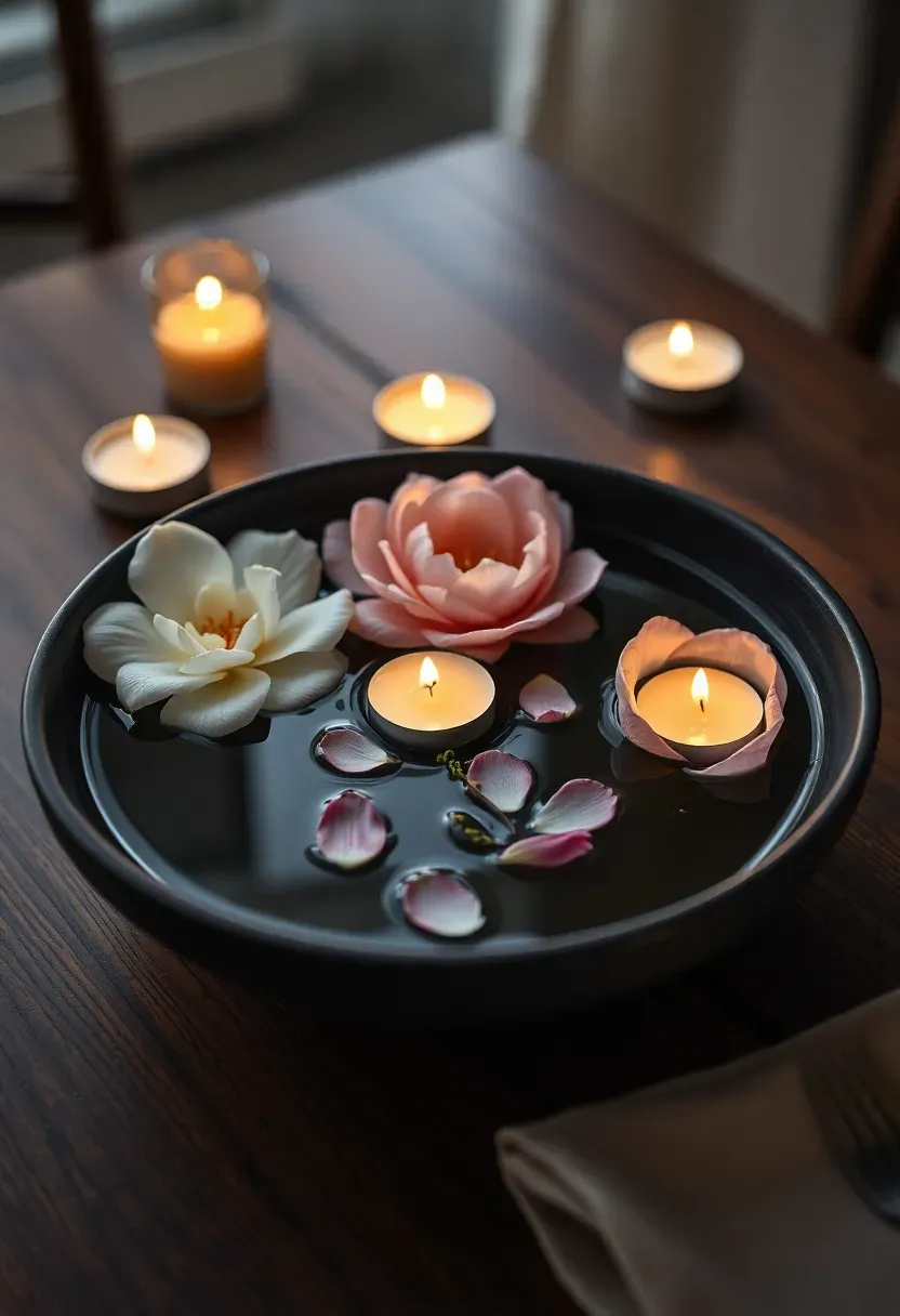 floating flower bowls with candles and spring petals in water centerpiece