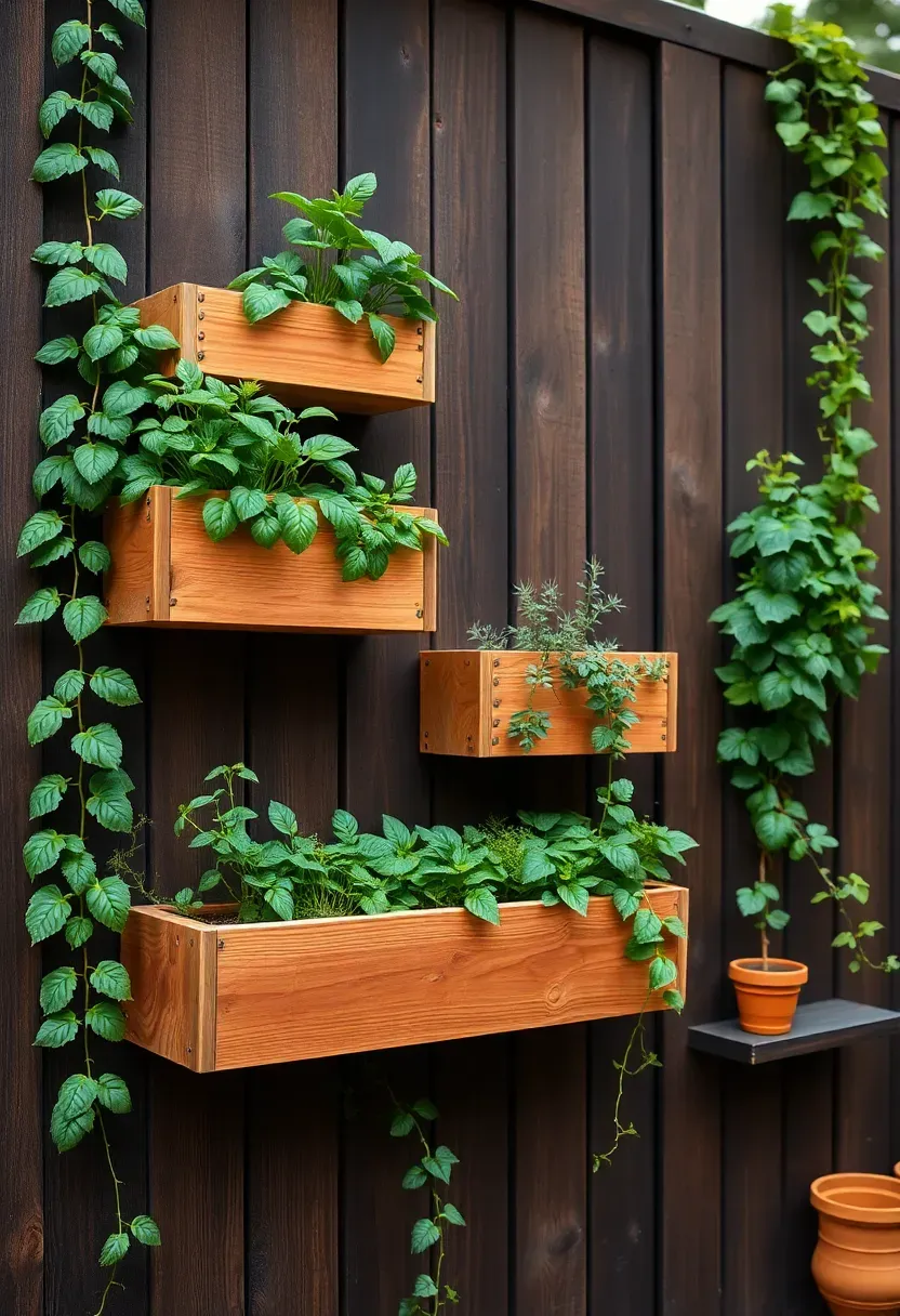 Vertical garden privacy fence with rows of mounted planter boxes growing herbs and trailing plants on a wooden wall