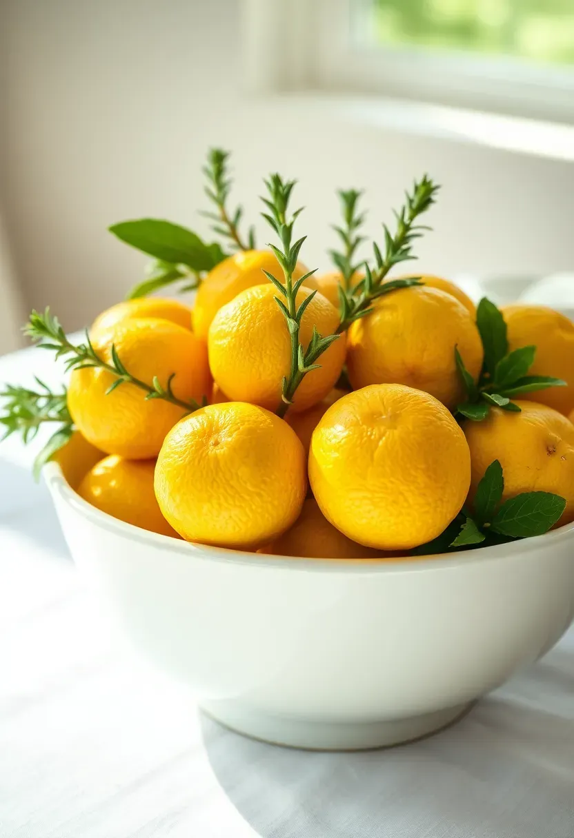 fresh lemon and herb centerpiece arrangement with rosemary thyme and yellow lemons in a white ceramic bowl on a bright table