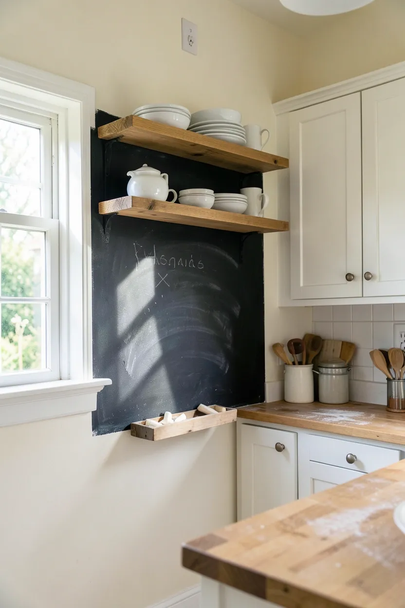Hyper-realistic eye-level photograph of a chalkboard wall in a cottage kitchen. Black chalkboard paint visible on section of wall between windows, showing faint chalk residue from previous writings and chalk tray at bottom with scattered chalk sticks. Above chalkboard, open wooden shelves holding white dishes and vintage mugs. Creamy white walls surrounding, white shaker cabinets on adjacent wall. Natural light from windows casting shadows, creating contrast between black chalkboard and white walls. Materials: chalkboard paint, natural oak shelving, white ceramic, painted wood. Functional charming cottage mood. Visible kitchen context - butcher block counter below, part of island visible. Slight chalk dust visible on tray and nearby counter. No text, no logos, no watermarks.</p>