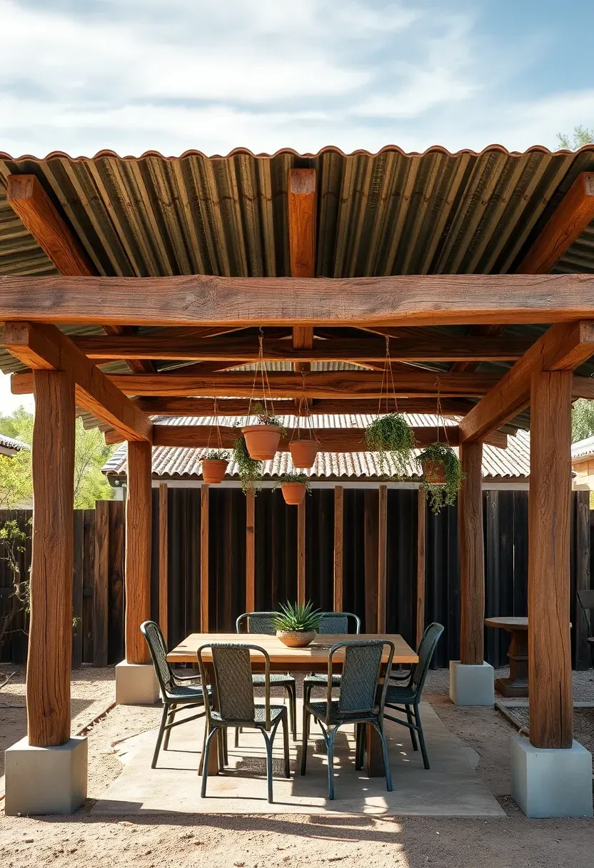 DIY ramada structure built from reclaimed wood beams and posts in an Arizona backyard with a corrugated metal roof, outdoor dining table, and hanging plants