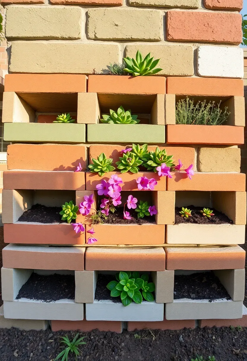 Stack of painted cinder blocks in sage green, terracotta, and white arranged as a tiered planter wall with succulents and small flowers in each opening