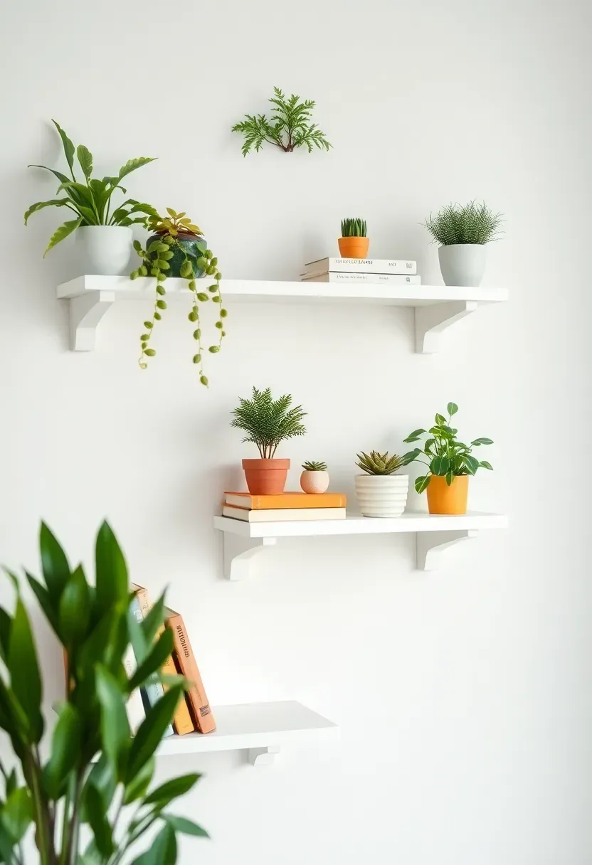 DIY floating wood shelves in a teen bedroom displaying plants, books, and small decor in a minimalist modern arrangement