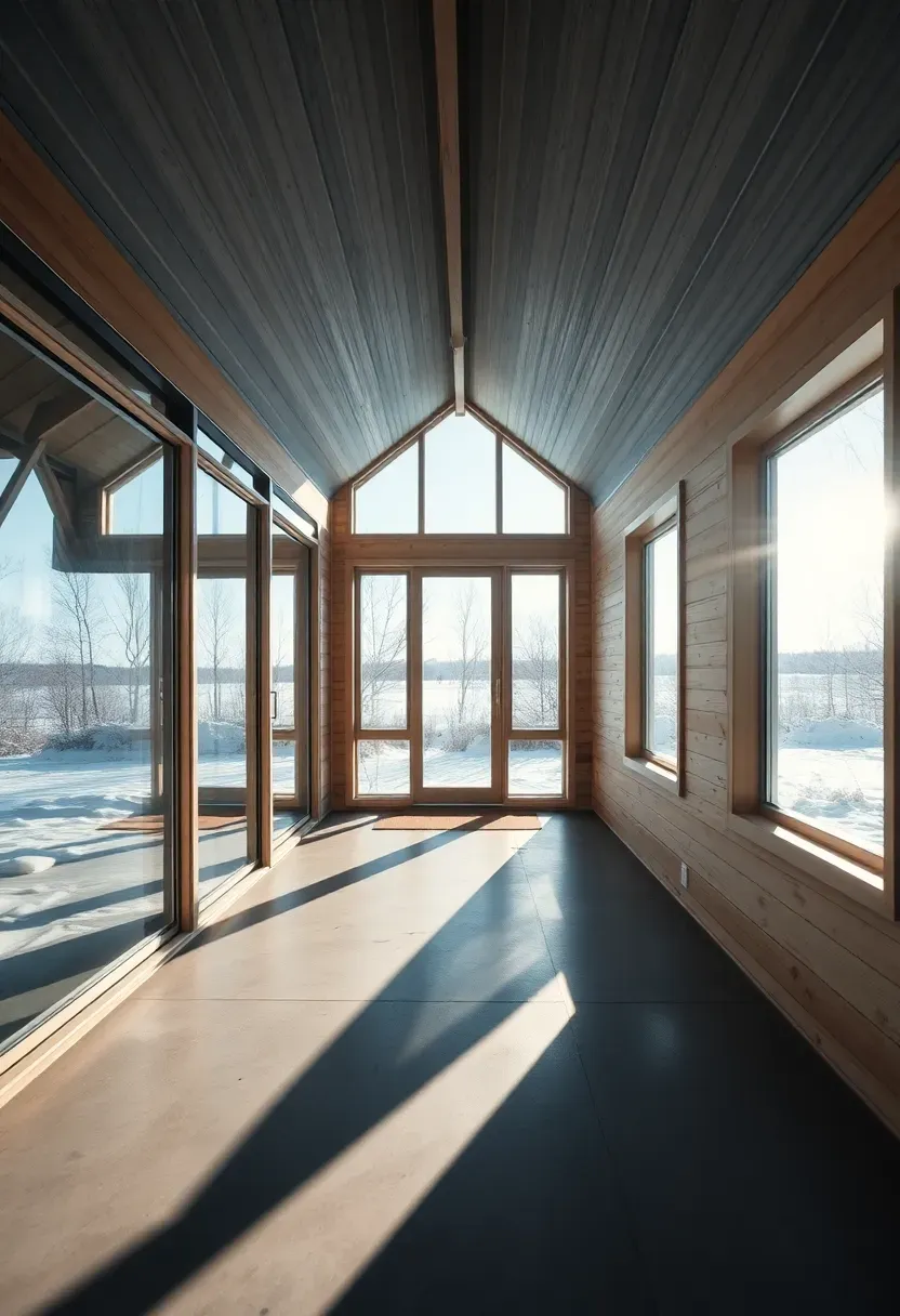Hyper-realistic 3/4 view of a passive solar tiny house with large south-facing windows, concrete floor, and overhangs. Materials: expansive glass, polished concrete floor, light wood siding, metal roof. Bright winter sunlight streaming through windows, long shadows. Sustainable architecture, sun-drenched interior. Shallow depth of field, snowy landscape visible. No text, no logos.</p>