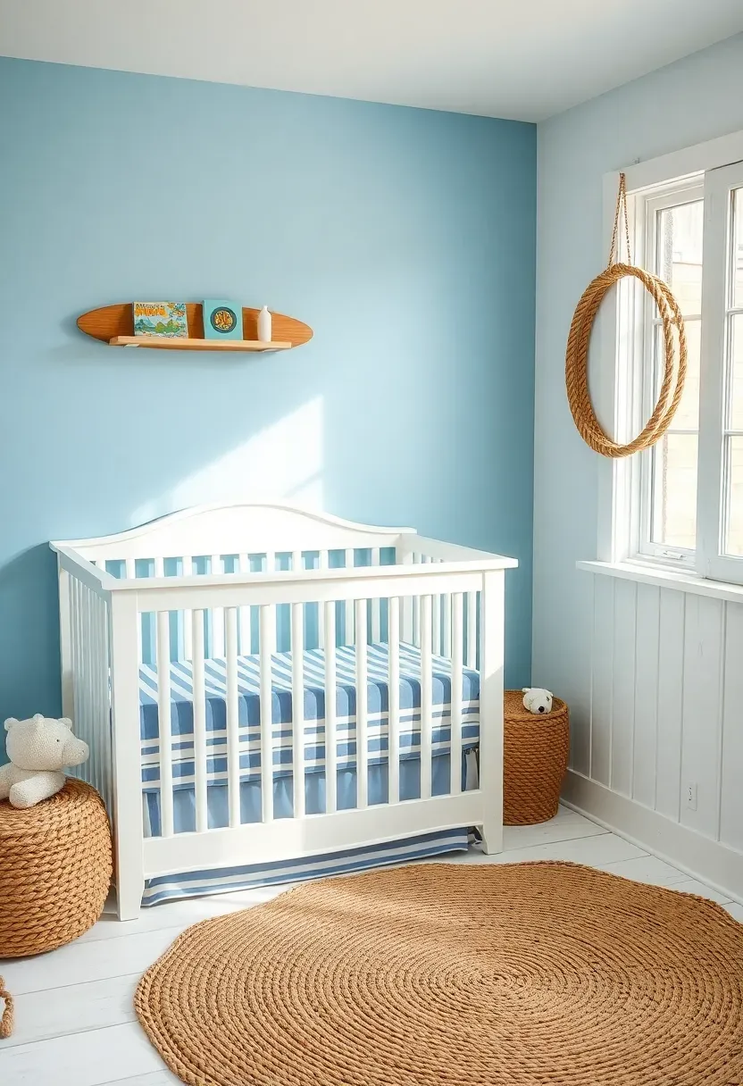 coastal boy nursery with soft blue walls surfboard shelf and natural rope accents