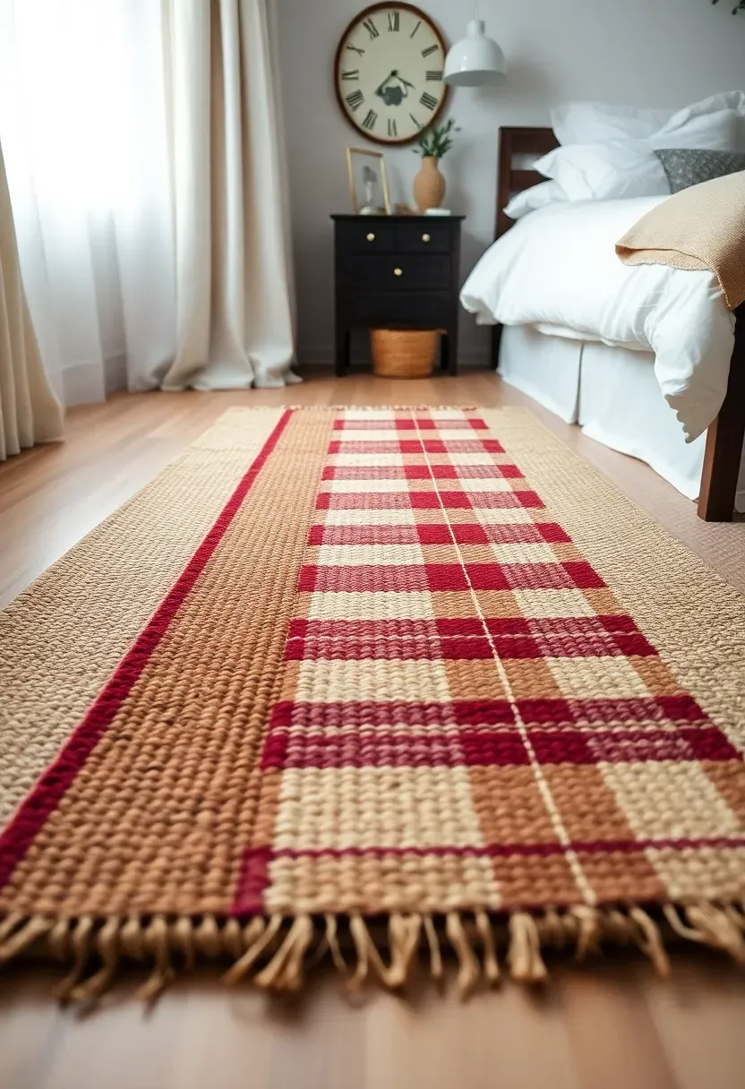 Hyper-realistic 3/4 view of bedroom floor with large neutral jute rug base and narrower Christmas runner layered perpendicular on top. Runner features subtle burgundy and cream plaid pattern, visible texture. Light wood floor visible beyond rugs. White bedding and dark wood bed frame visible in background. Materials: jute rug, plaid cotton runner, wood floor. Natural light from window, layered rugs adding festive pattern and dimension. Christmas floor styling. Shallow depth of field, sharp details on rug textures. No text, no logos, no watermarks.</p>