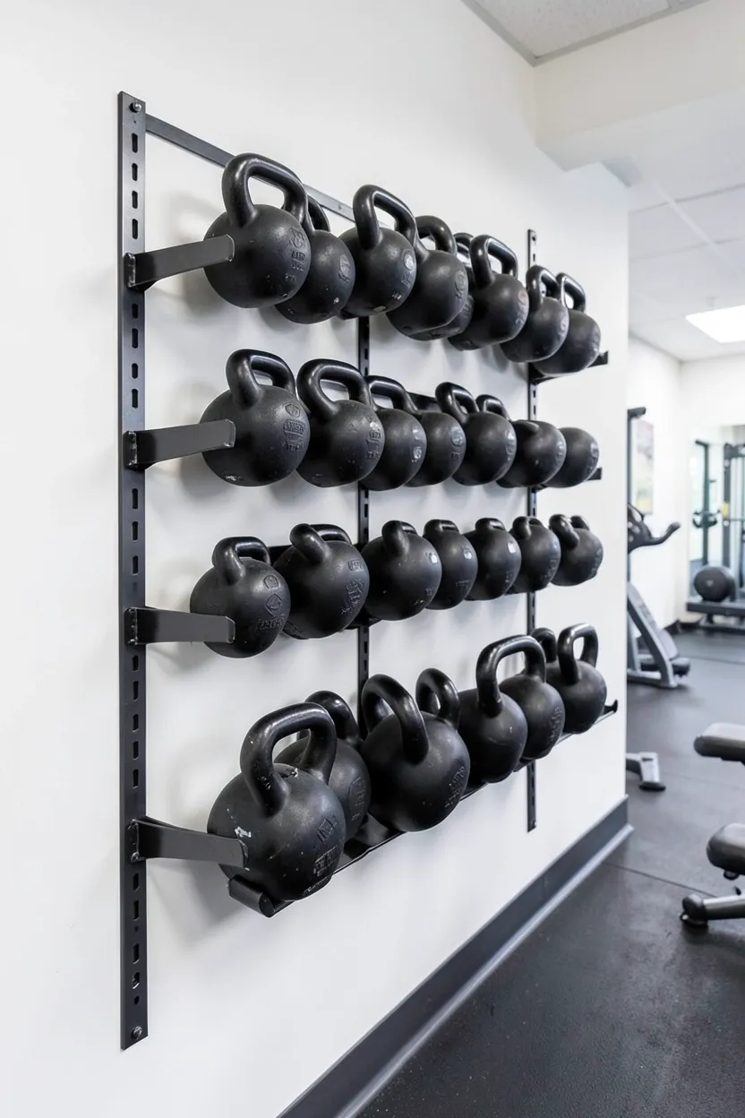 Wall-mounted kettlebell rack with cradle holders organizing kettlebells by weight in a small workout room