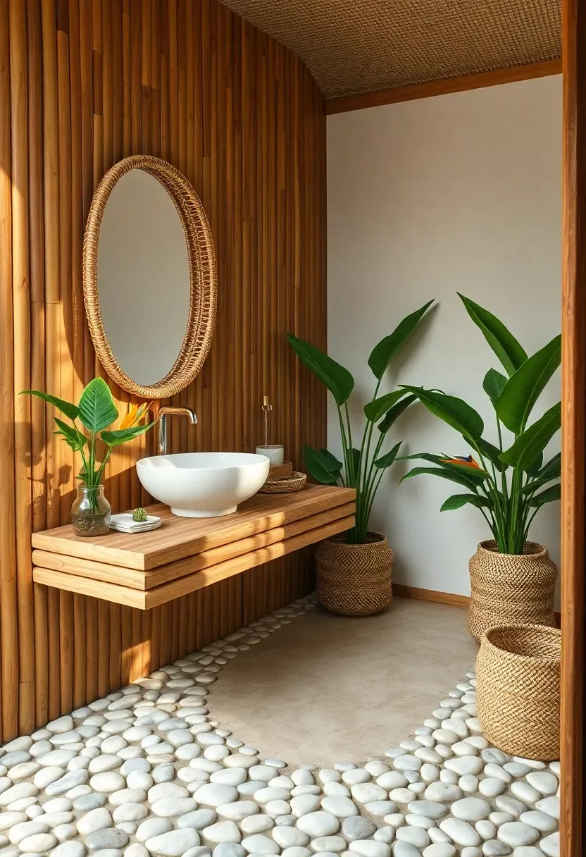Tropical resort bathroom with natural materials, lush plants, and open-air design elements