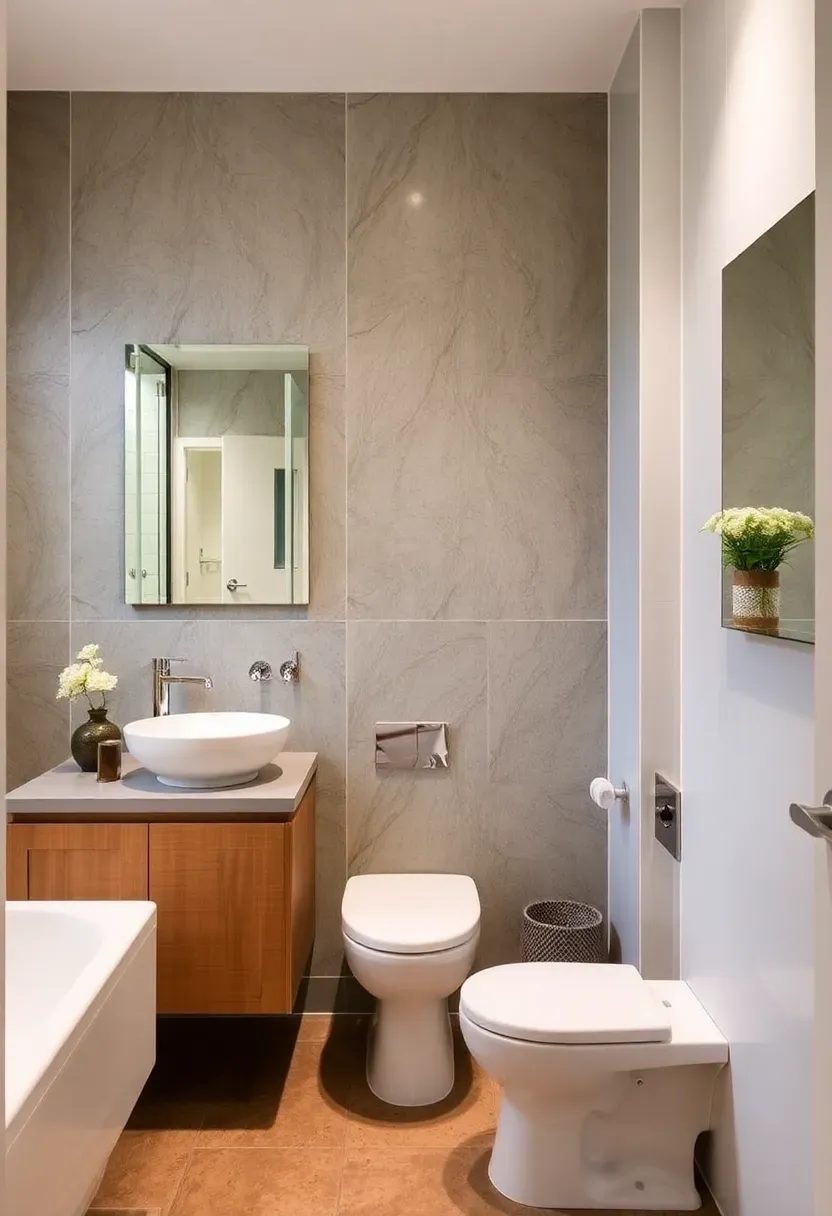 Eco-friendly bathroom with bamboo vanity recycled glass tile backsplash and refillable soap dispensers for sustainable decor