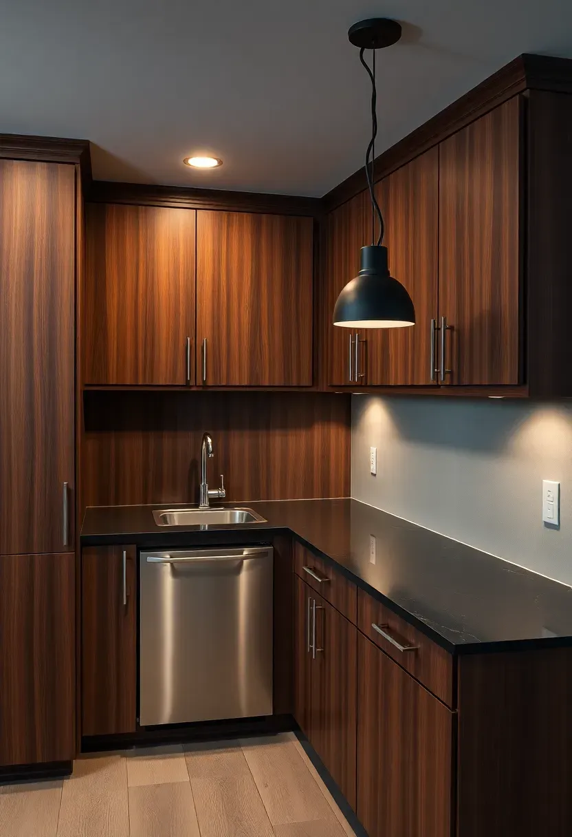 L-shaped basement wet bar with dark walnut cabinets a corner sink and pendant lights overhead