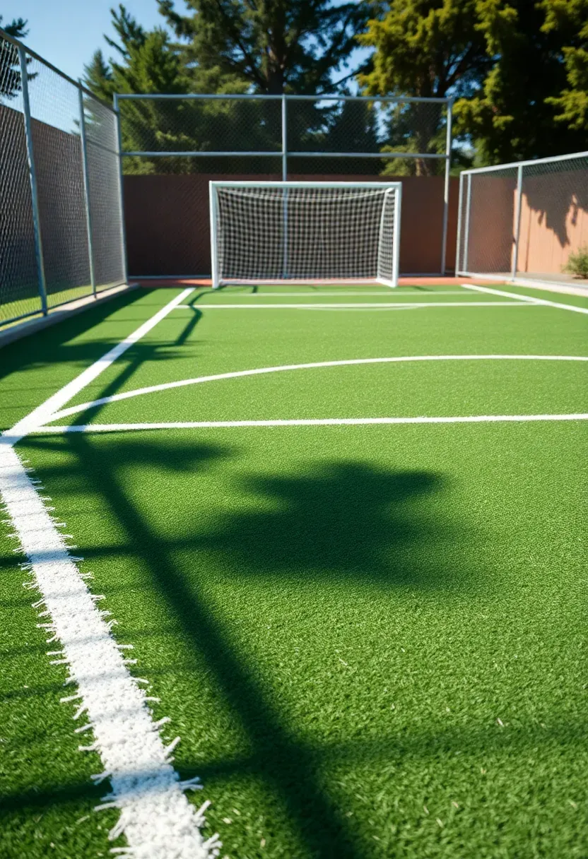 Backyard multi-sport synthetic turf court with white boundary lines for soccer and volleyball on vibrant green turf
