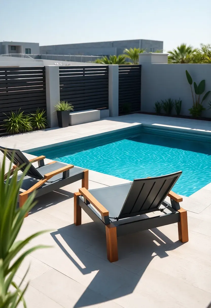 Compact plunge pool with clean lines and modern patio furniture