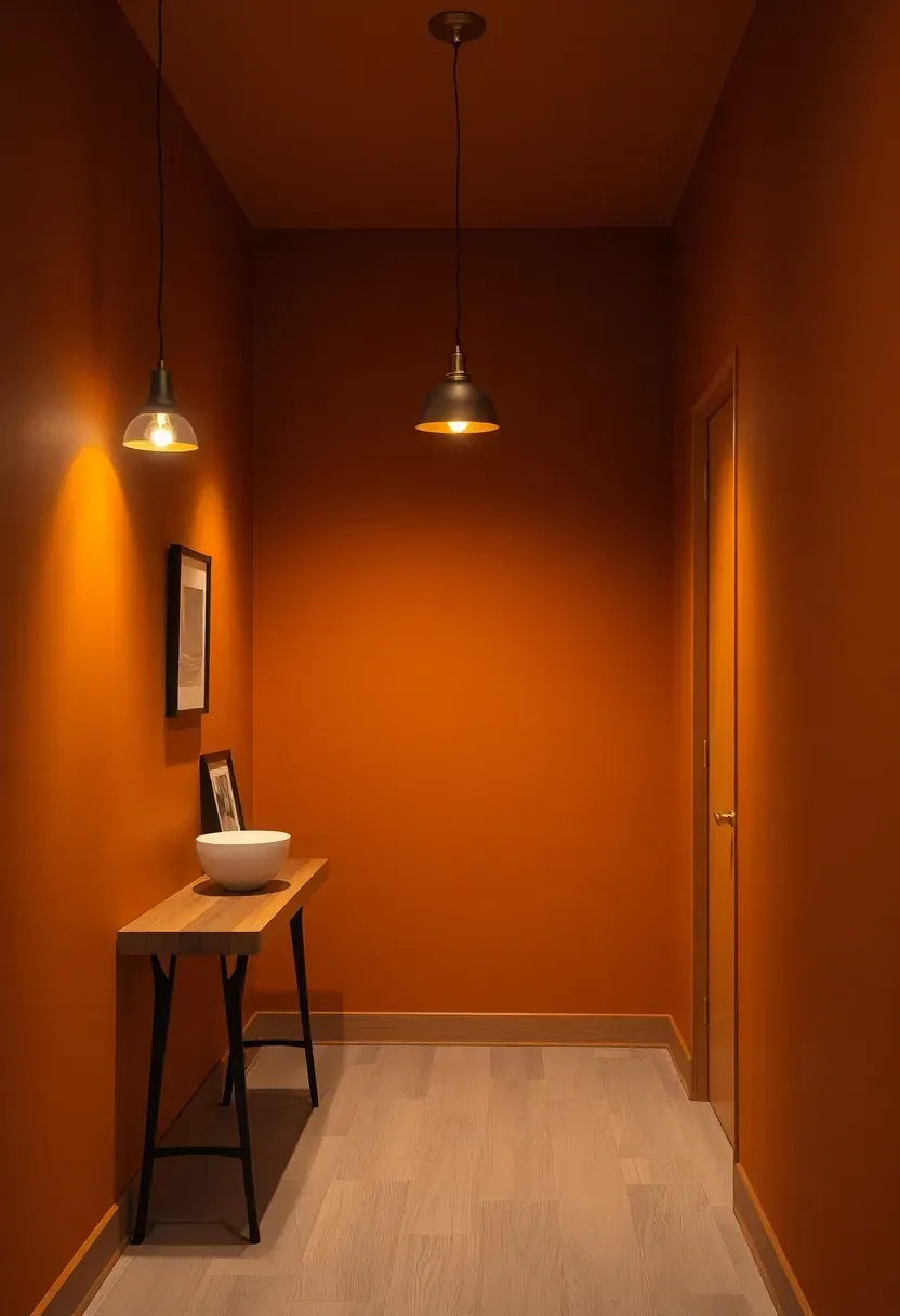 warm basement corridor with caramel colored walls and pendant lighting