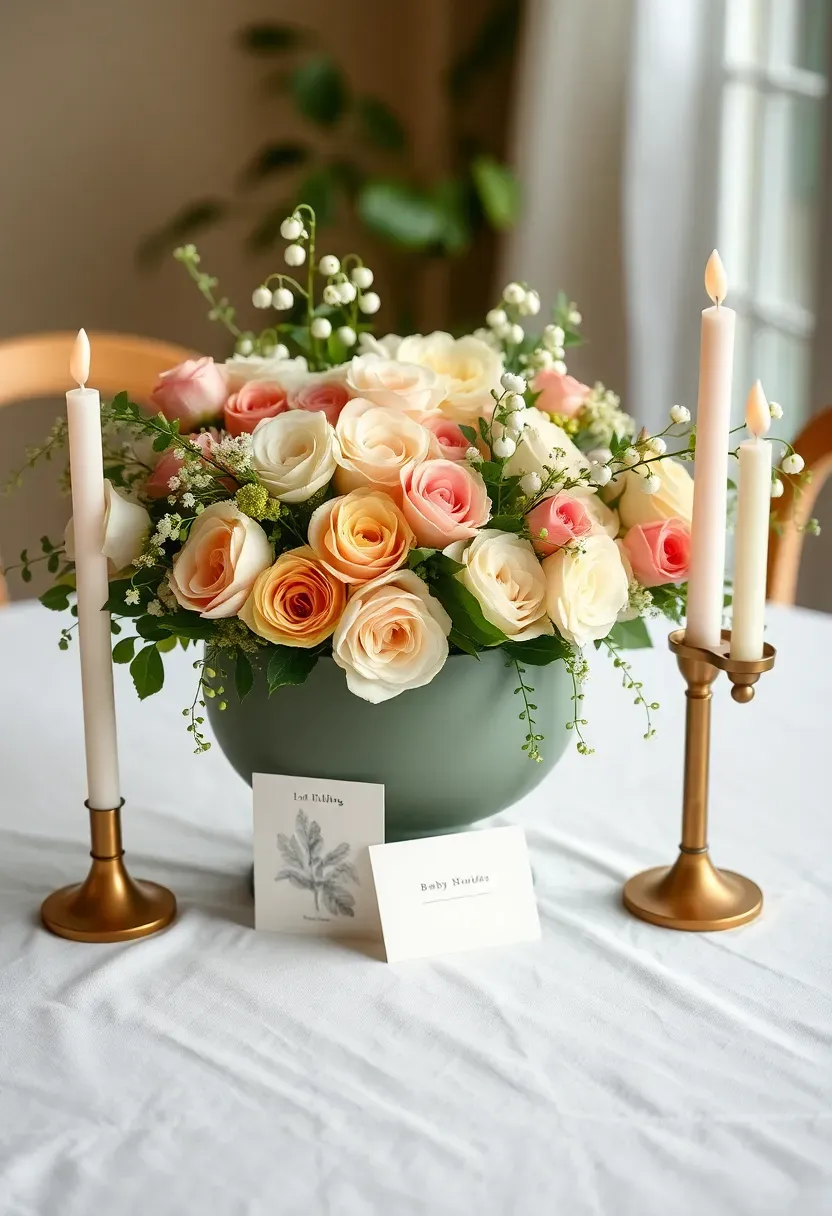 Garden bloom baby shower centerpiece in sage ceramic compote with sweet peas and lily of the valley