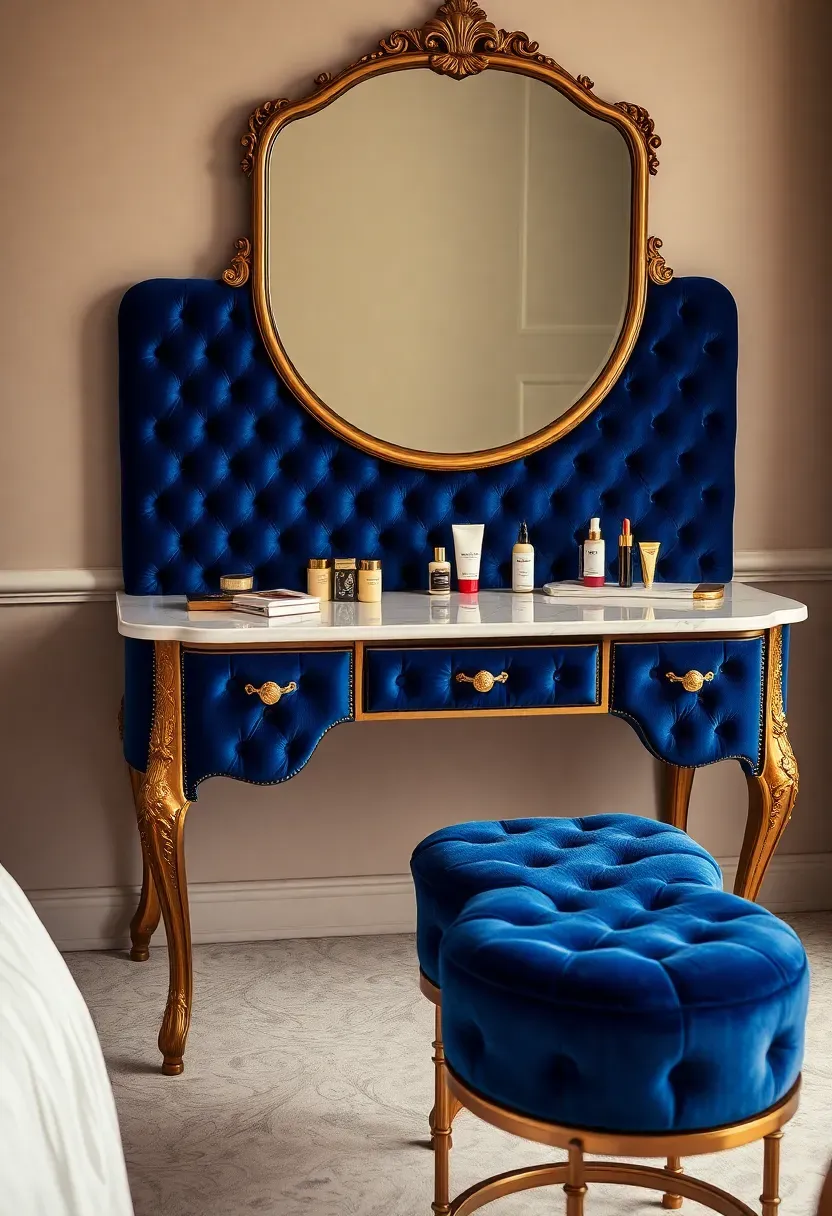 luxurious velvet upholstered vanity in rich jewel tone with tufted details