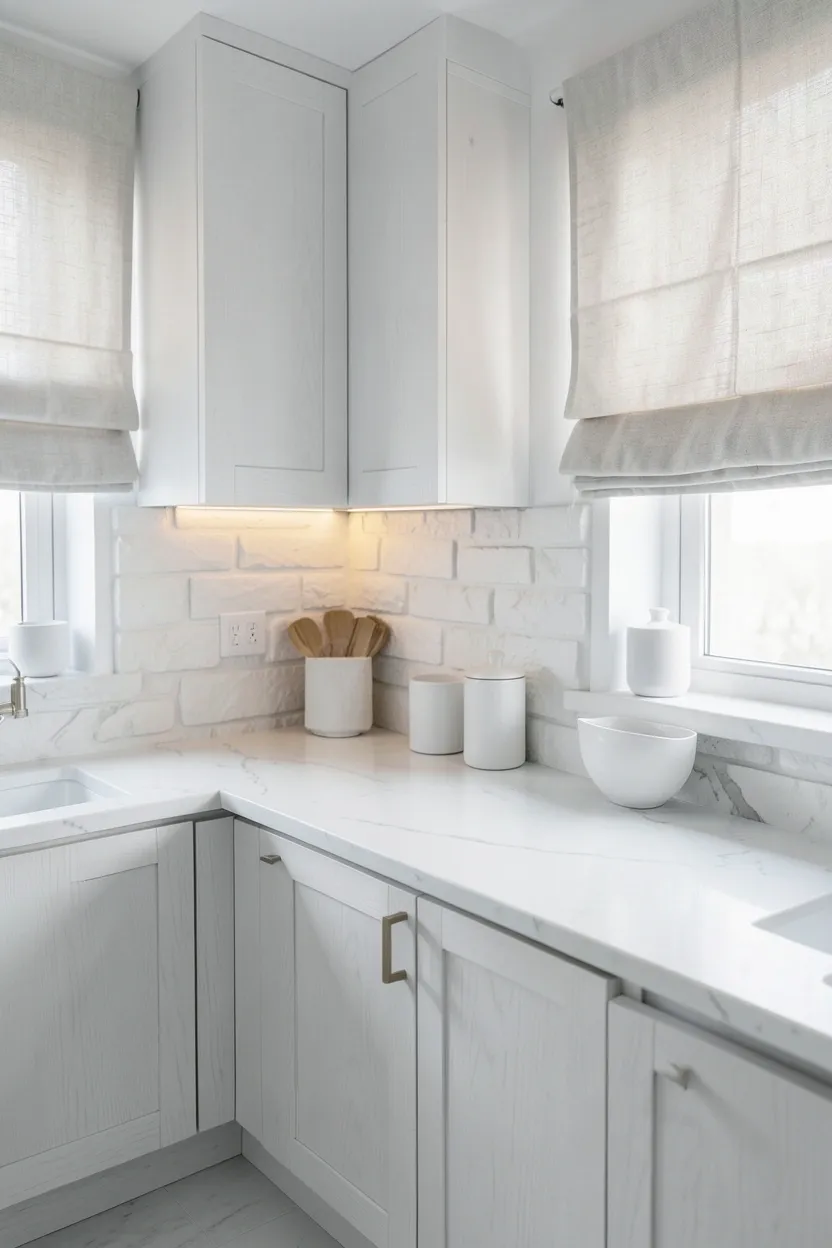 All-white Scandinavian kitchen with layered textures — wood grain cabinets, stone countertops, and woven linen shade creating depth in a monochromatic Nordic kitchen