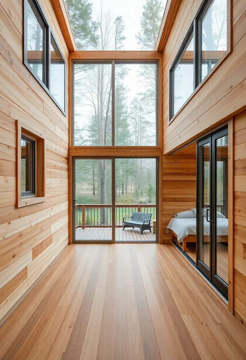 Hyper-realistic wide shot comparing tiny house footprints—small 150-square-foot studio, medium 250-square-foot one-bedroom, outdoor deck extension. Materials: cedar siding, white oak interior floors visible through large windows, natural surroundings. Warm diffused daylight, creamy neutrals with cedar warmth. Mood: scaled, intentional, livable. Shallow depth of field, sharp details, balanced composition, soft shadows, visible room context. No text, no logos, no watermarks.</p>