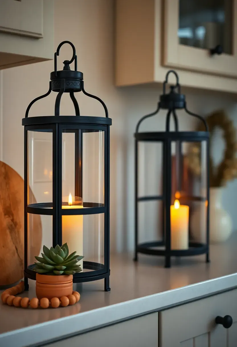 Farmhouse lanterns with battery candles glowing above kitchen cabinets