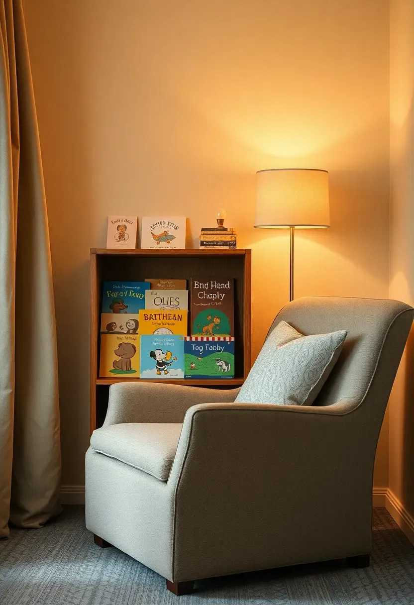 Cozy nursery reading corner with upholstered nursing glider, small bookshelf stocked with board books, and warm floor lamp in parent bedroom