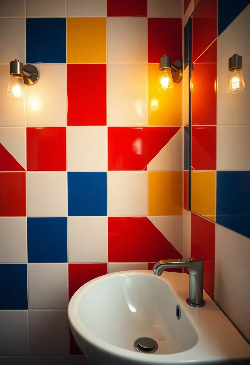 Bathroom with bold geometric patterns in primary colors creating a playful Toca Boca aesthetic