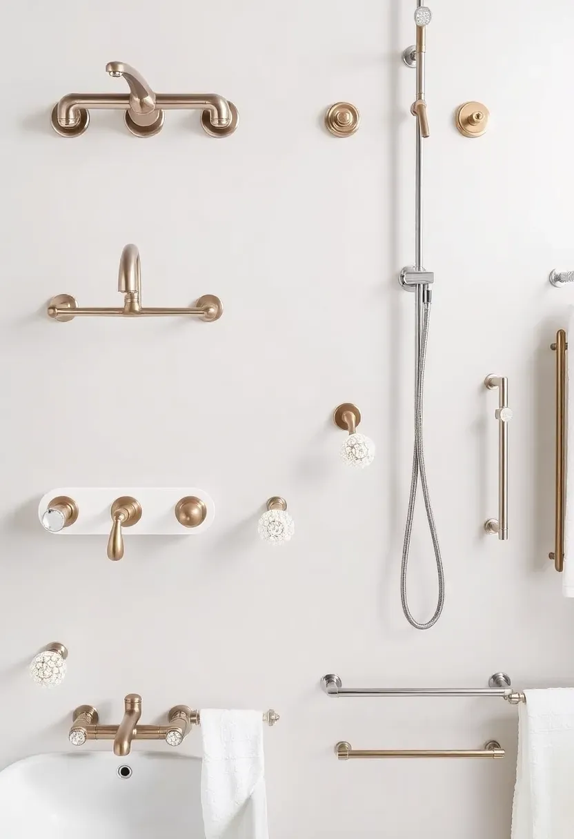 Brushed gold widespread bathroom faucet and matte black cabinet hardware on a white marble vanity for timeless style