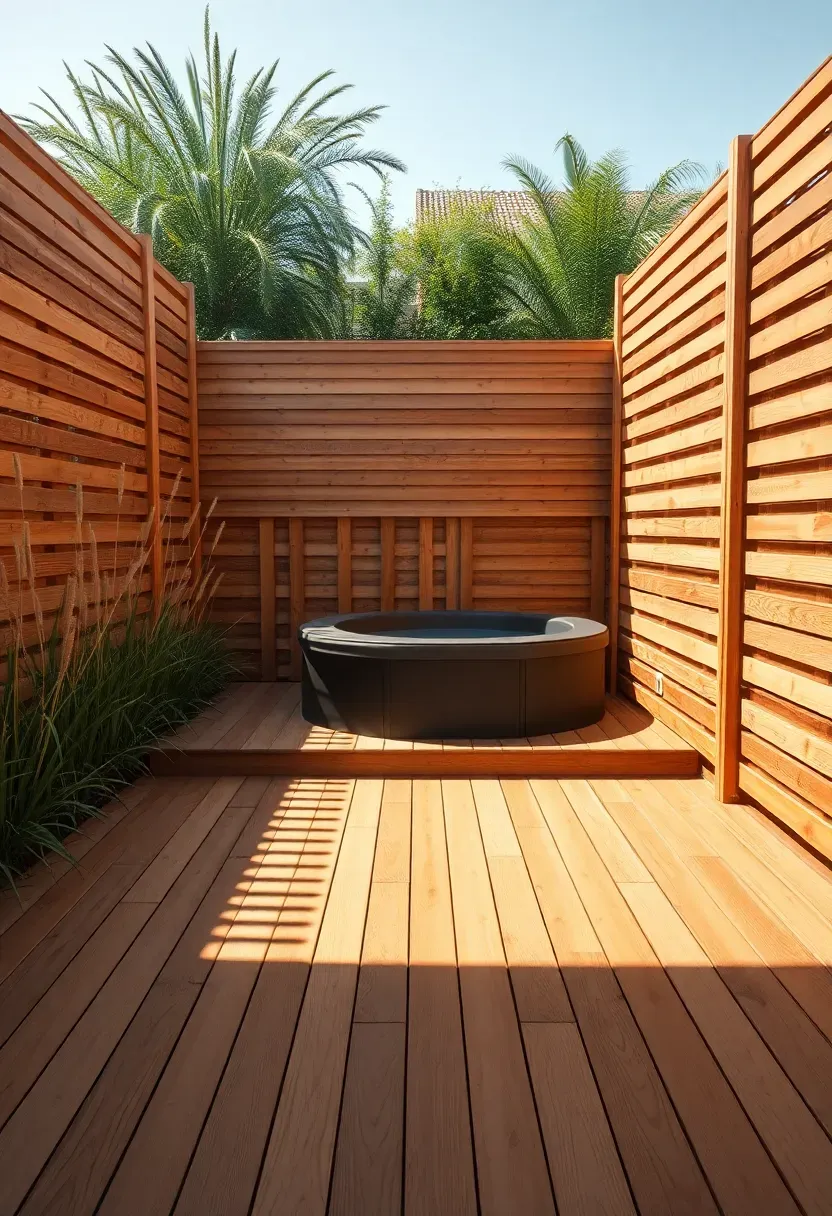 A corner lot backyard with a tall horizontal slat privacy fence surrounding a swim spa deck, blocking views from two street sides