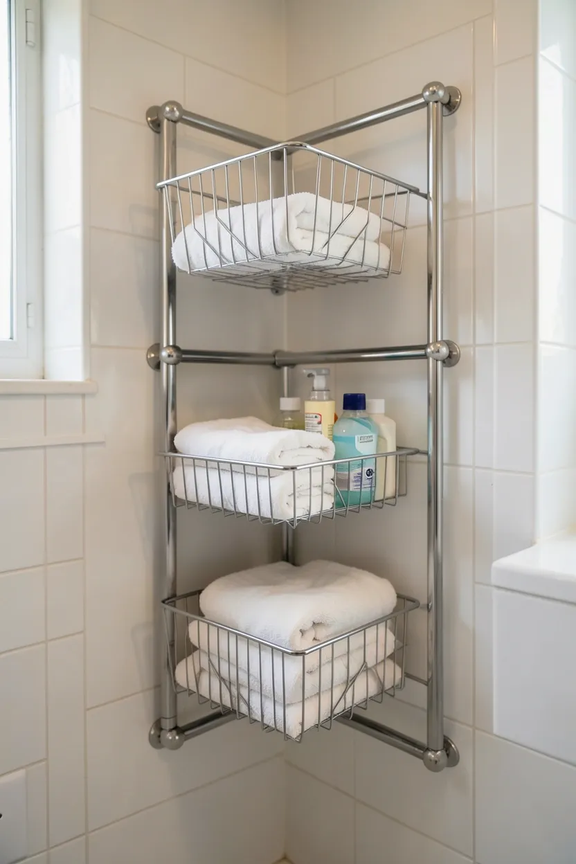Tension rod system with hanging baskets and S-hooks storing towels in a rental apartment bathroom corner