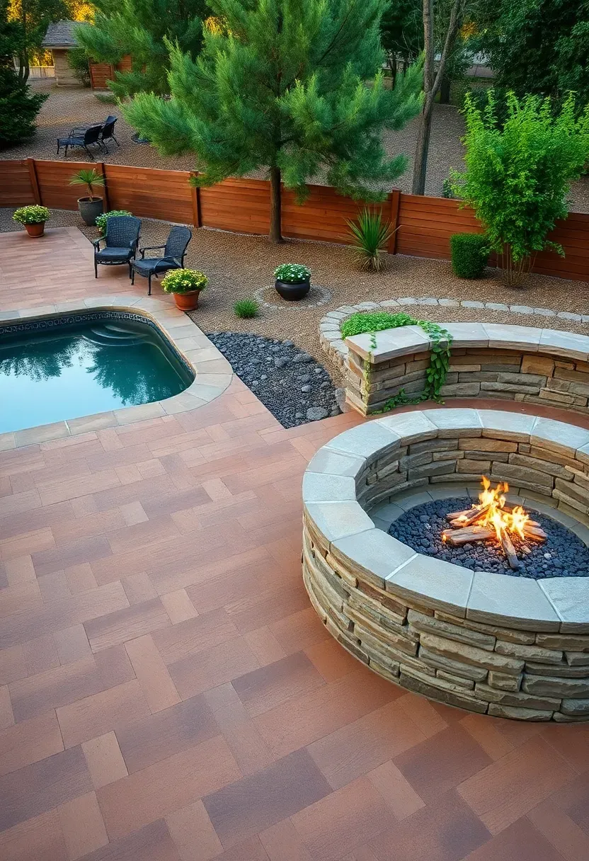 A large backyard deck with a swim spa on one side and a stone fire pit with seating on the other separated by a low planter wall