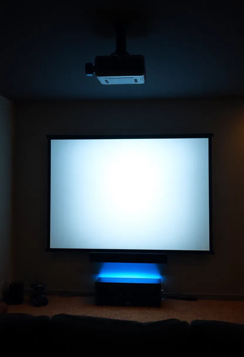 basement projector setup with large white wall screen ambient bias lighting and surround sound speakers