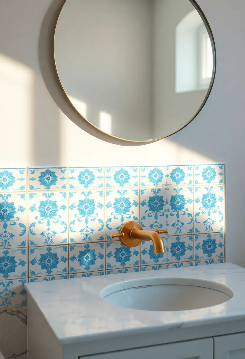 Hand-painted decorative ceramic tile panel with Mediterranean blue and white pattern installed above a bathroom vanity