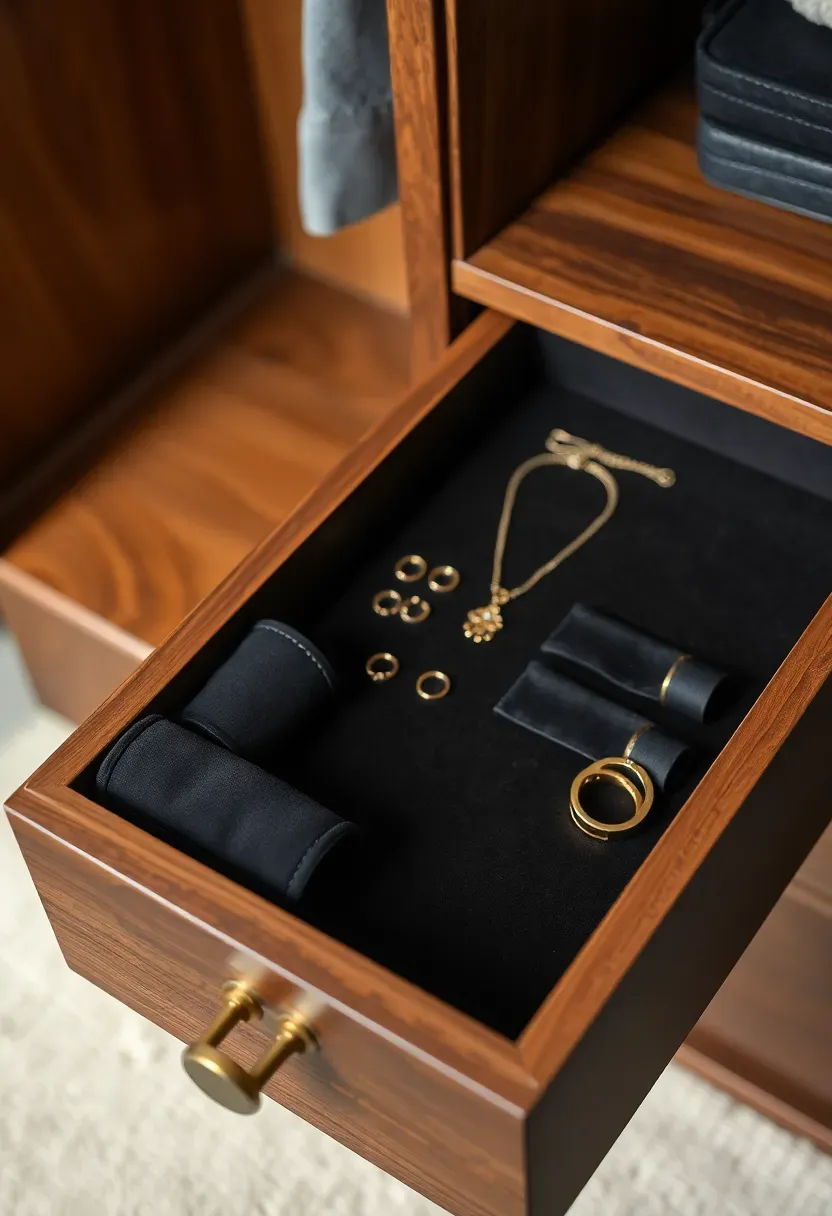 Open closet drawer with custom velvet-lined compartments holding rings, earrings, bracelets, and necklaces neatly separated in a dark charcoal insert
