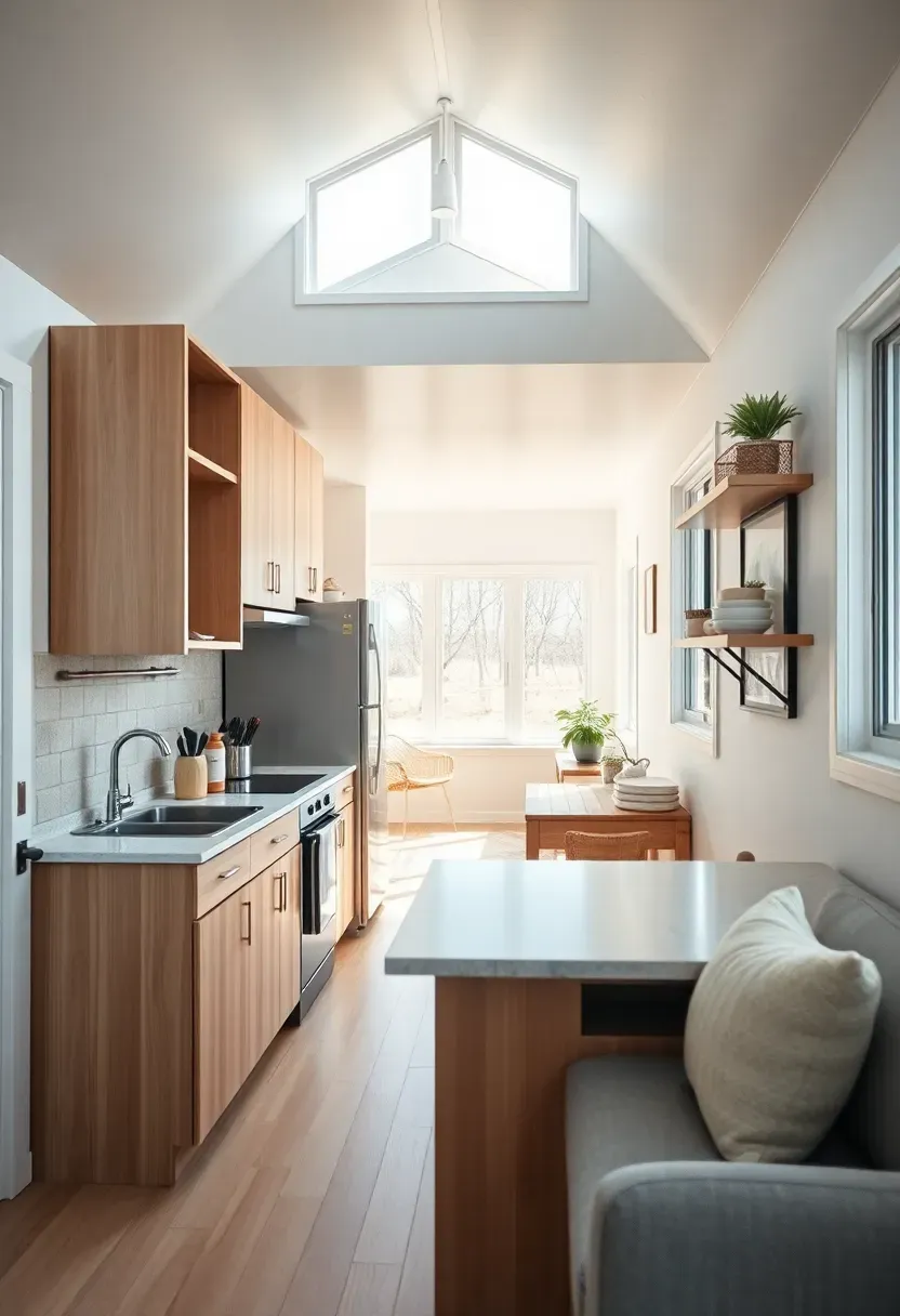 Hyper-realistic 3/4 view of a tiny house interior showing the compact but organized kitchen and living area with minimalist design. Materials: light oak cabinetry, quartz countertops, white walls. Bright natural daylight from large windows creating clean shadows. Orderly simplicity mood with visible storage solutions and clutter-free surfaces. Shallow depth of field, sharp interior details, deliberate minimalist composition. No text, no logos, no watermarks.</p>
