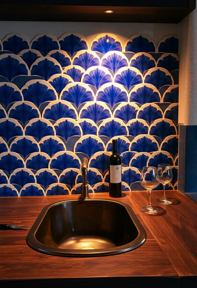 Moroccan fish scale tile backsplash in deep blue behind a bar with copper sink and dark wood