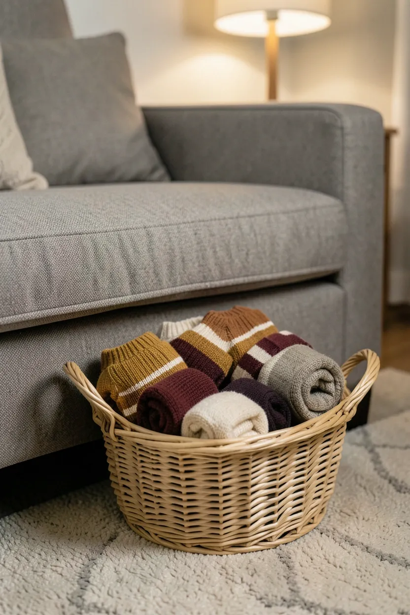 Hyper-realistic eye-level photograph of small woven basket beside living room sofa containing rolled pairs of cozy socks. Socks in various patterns: cable knit, stripes, solid colors in autumn tones like mustard, burgundy, cream. Basket is light natural wicker with handles. Part of sofa cushion and soft rug visible. Warm ambient light from nearby table lamp creates soft shadows on basket and socks. Materials: cotton socks, wicker basket, fabric sofa. Inviting practical mood. Sharp sock texture and basket weave details, soft lighting, cozy composition. No text, no logos, no watermarks.