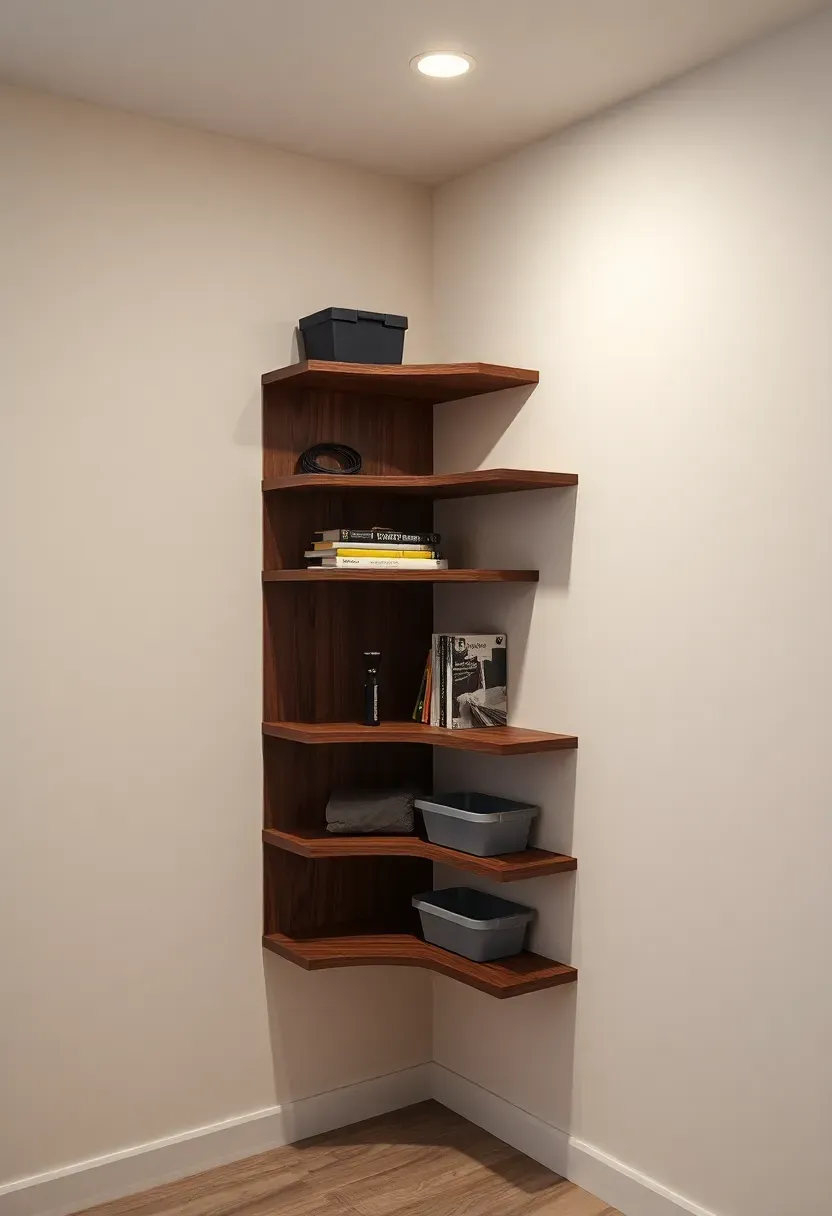L-shaped corner shelving unit in a basement with five triangular shelves holding bins, books, and small tools against two walls