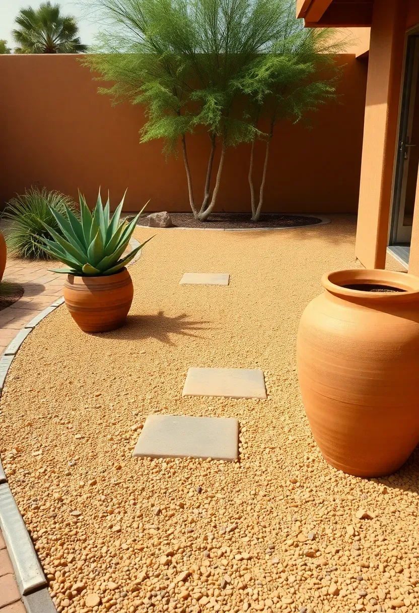 Arizona courtyard with crushed decomposed granite ground cover in warm amber tone, terracotta pots, and a desert plant border