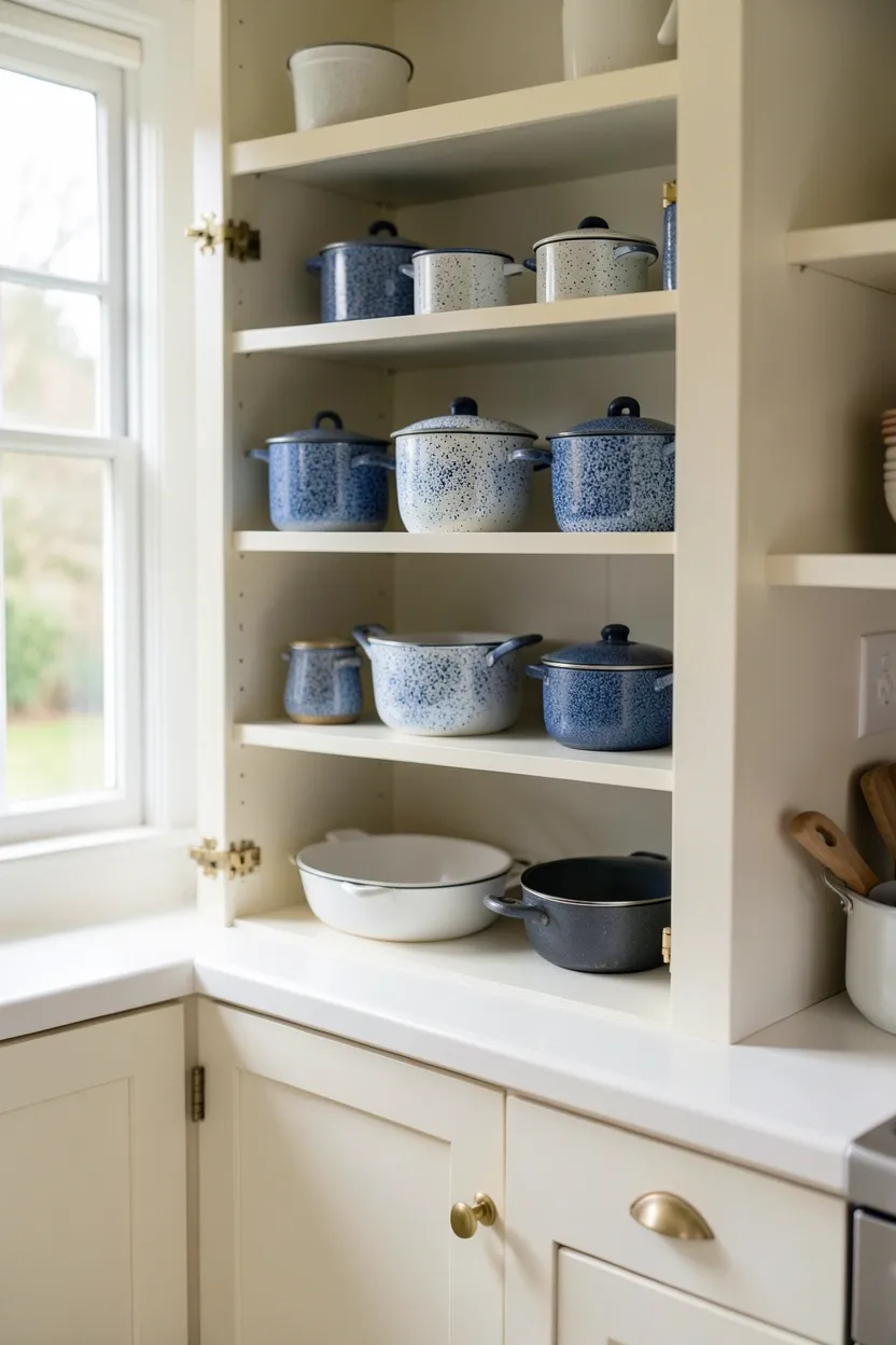 Vintage enamelware, copper pots, and cast iron skillets displayed on open shelves in a small cottage kitchen