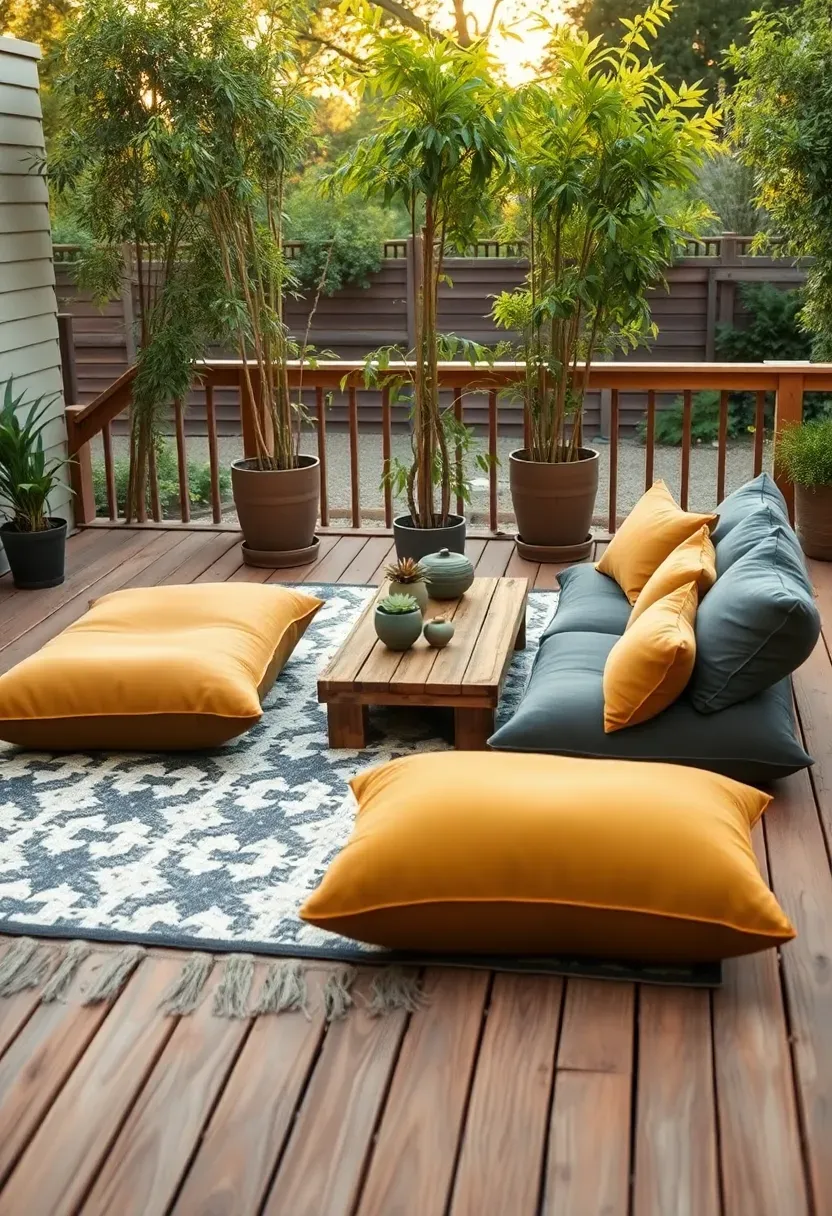 A finished budget backyard deck styled with a large outdoor rug, floor cushions, a low wooden coffee table, and potted plants creating an inviting lounge area