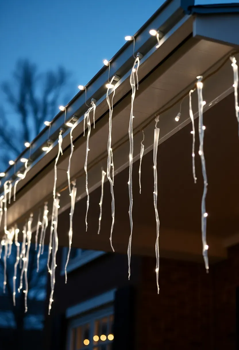 Hyper-realistic 3/4 view of a residential home roofline featuring white icicle lights hung along the front eaves with varying strand lengths creating natural dripping effects, complementing main roofline perimeter lights. Materials: white icicle light strands with varying drop lengths, dark architectural shingles, white gutter system, second-story window visible below, brick facade below roofline. Natural evening darkness with white icicle strands creating vertical light cascades against dark roof, cool blue ambient sky, warm glow from other house lights below. Dynamic sparkling mood like classic winter wonderland display. Shallow depth of field, sharp details on icicle strands, balanced composition with visible house context, soft shadows, no text or watermarks.</p>
