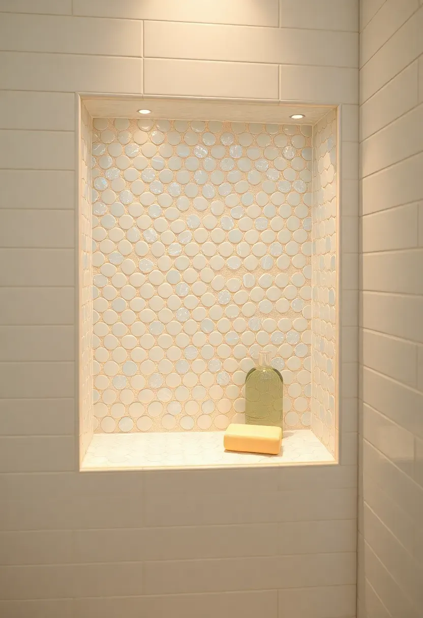 Shower niche recessed into tiled wall featuring a mosaic of small seashell-shaped ceramic tiles in pearl white and pale blue arranged in an organic pattern