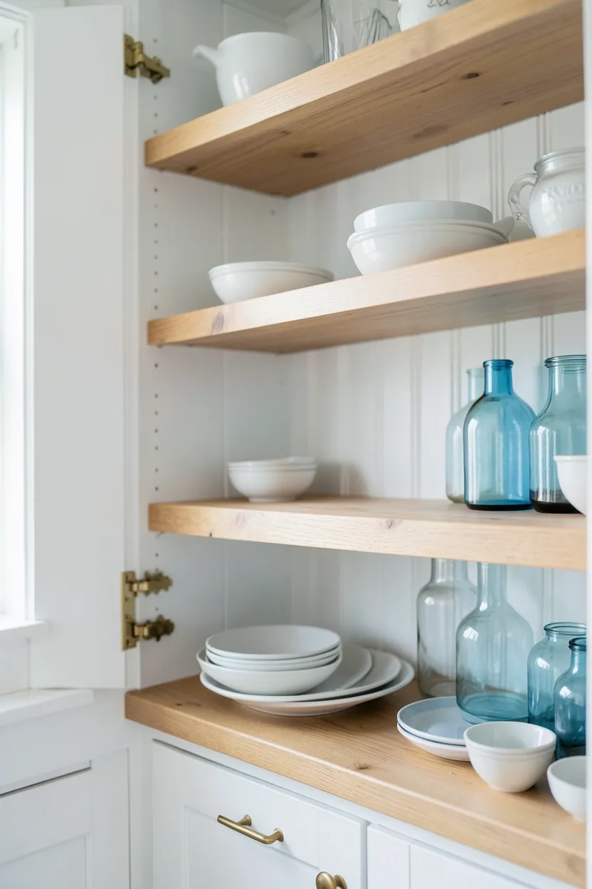 Weathered wood floating shelves in a coastal kitchen displaying white dinnerware, blue glass, and sea glass collections against a light wall