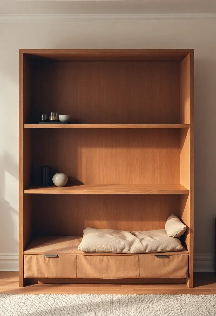 Wide view of a styled open shelf unit with clear empty space on one shelf — two groupings of objects at either end leaving the center deliberately bare, warm room light, 2:3 portrait